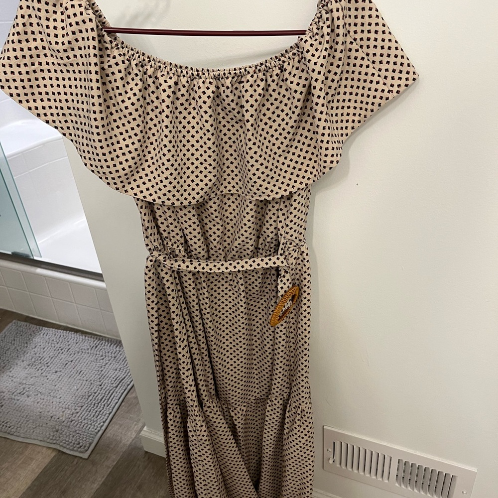 Tan Off-Shoulder Ruffled Maxi Dress